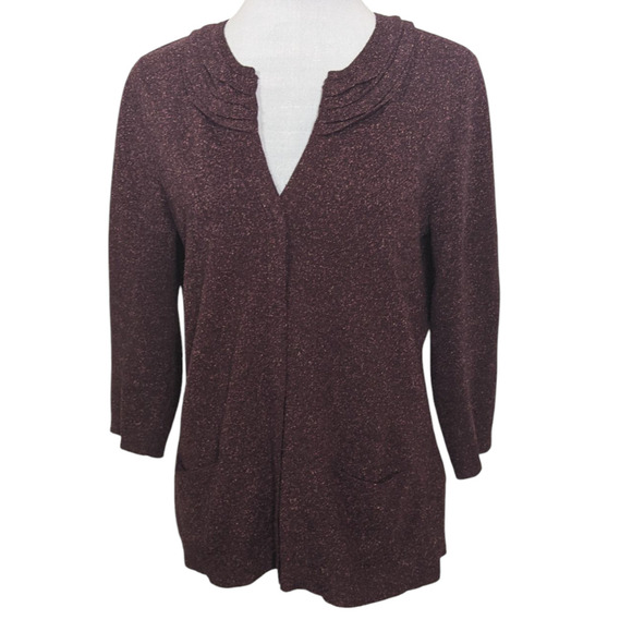 J Jill Wool Silk Blend Cardigan Sweater Burgundy Marled Knit Ruffle Spring  M - Picture 1 of 9